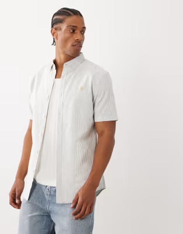 ファーラー メンズ トップス シャツ ロゴ Farah Brewer short sleeve logo striped shirtwhite BROWN ブラウン