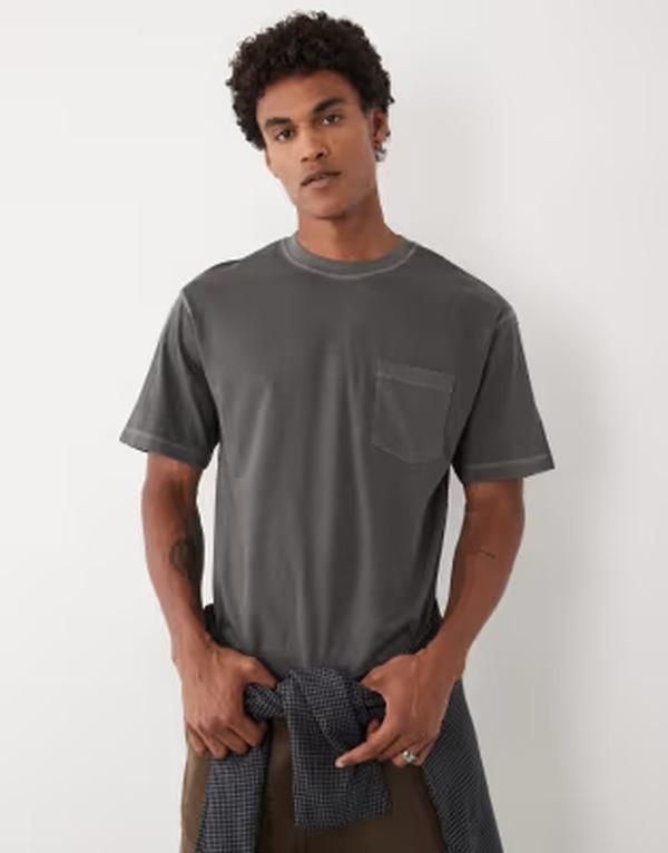 エイソス メンズ トップス Tシャツ ASOS DESIGN heavyweight relaxed Tshirt with pocket in washed charcoal Asphalt チャコ