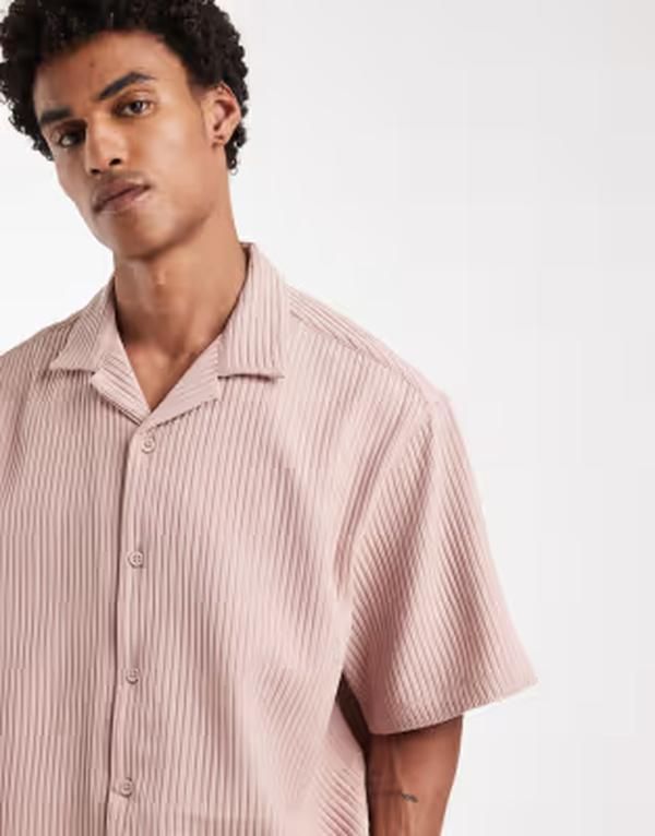 エイソス メンズ トップス シャツ ASOS DESIGN oversized revere plisse shirt in dusty pink ピンク