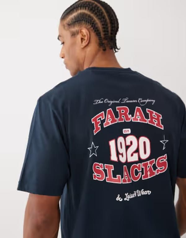 ファーラー メンズ トップス Tシャツ プリント ロゴ グラフィック Farah Caligo graphic logo Tshirt with back print NAVY ネイビー