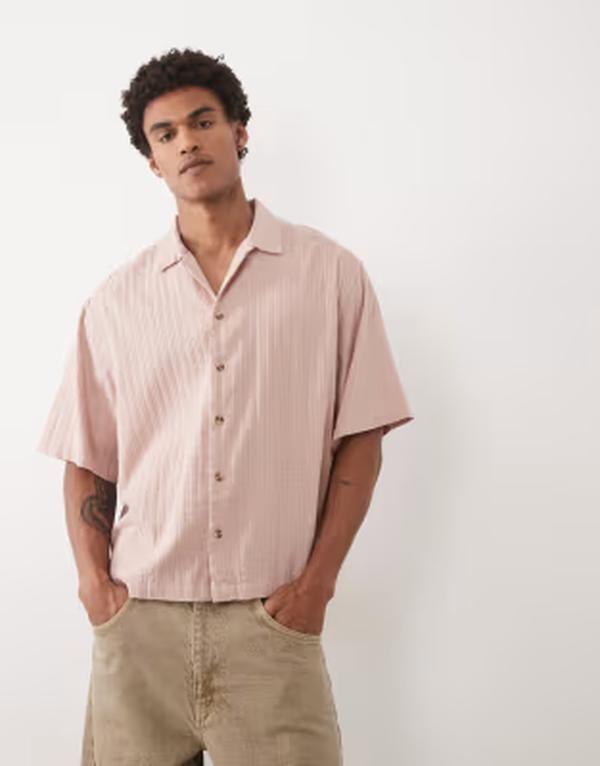 エイソス メンズ トップス シャツ ASOS DESIGN boxy oversized revere textu red shirt PINK ピンク