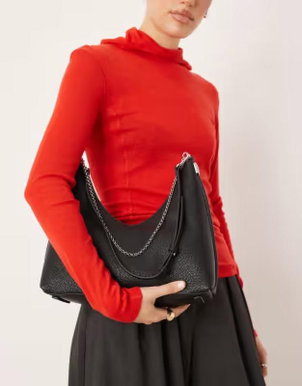 カルバンクライン レディース バッグ Calvin Klein top zipebble shoulder bag with silver chain and strap Black ブラック