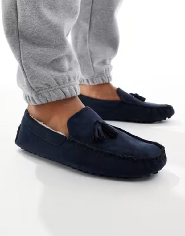 セクウェル メンズ シューズ サンダル ギャザー SEQWL faux fur lined ruched moccasins Midnight navy ネイビー