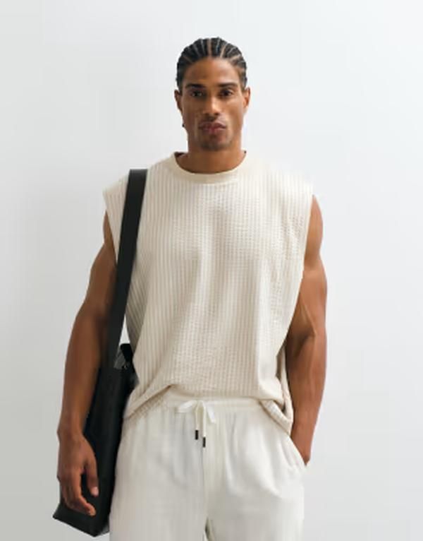 エイソス メンズ トップス ベスト ASOS DESIGN heavyweight oversized tank top with seersucker stripes ineutral Brown