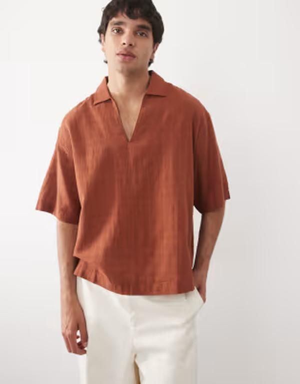 エイソス メンズ トップス シャツ リネン ASOS DESIGN boxy oversized overhead shirt with linen BROWN ブラウン