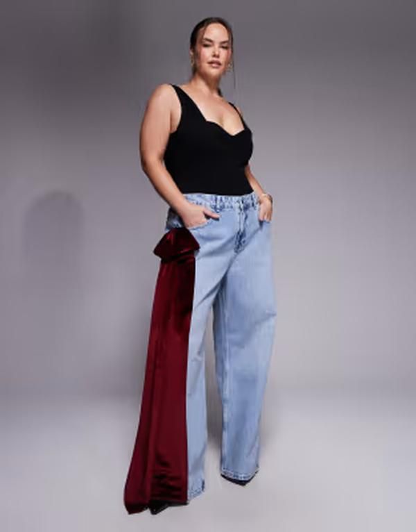 エイソス レディース ボトムス デニムパンツ ワイドレッグ ベルベット ジーンズ ASOS LUXE Curve wide leg jeans with 3D velvet bow detail in