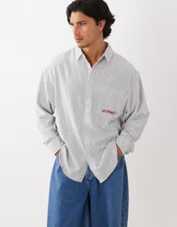 エイソス メンズ トップス シャツ ASOS DESIGN oversized striped shirt with pocket embroidery and WHITE ホワイト