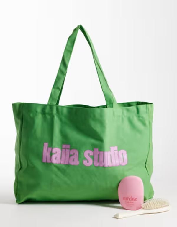 カイア レディース バッグ プリント ロゴ Kaiia Studio printed logo canvas tote bag and SOFT GREEN PINK ピンク