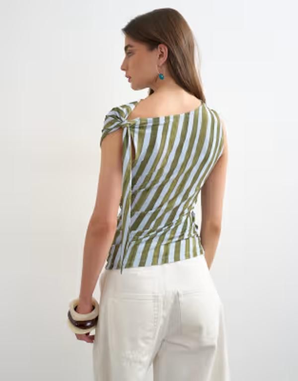 トップショップ レディース トップス タンクトップ Topshop microfiber stripe knot shoulder tank Green blue ブルー