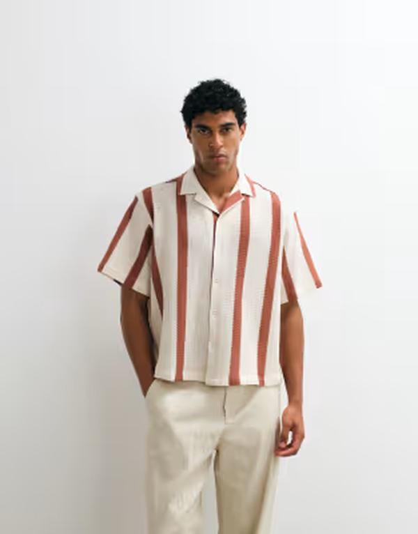 エイソス メンズ トップス シャツ ASOS DESIGN boxy oversized camp collar crochet shirt stripes BEIGE ベージュ
