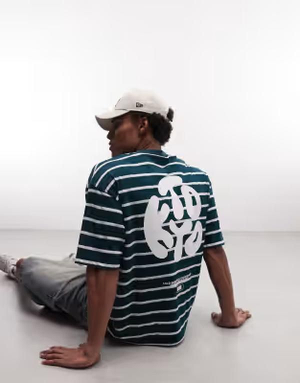 エイソス メンズ トップス Tシャツ プリント ASOS DESIGN oversized tshirt with Kyoto text print stripe Green Stripe グリーン