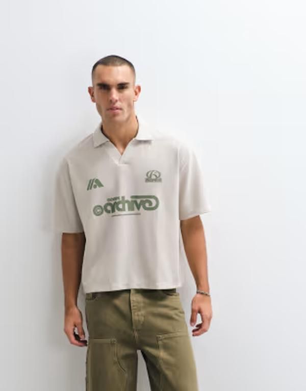 エイソス メンズ トップス ポロシャツ リブ グラフィック ASOS DESIGN super heavyweight boxy oversized polo with soccer graphic