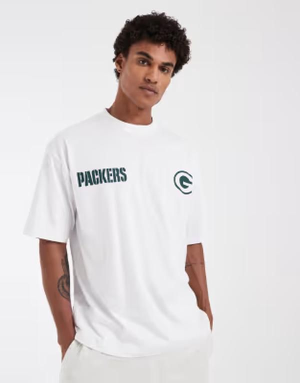 エイソス メンズ トップス Tシャツ プリント ASOS DESIGN oversize Tshirt with Green bay packers print WHITE ホワイト