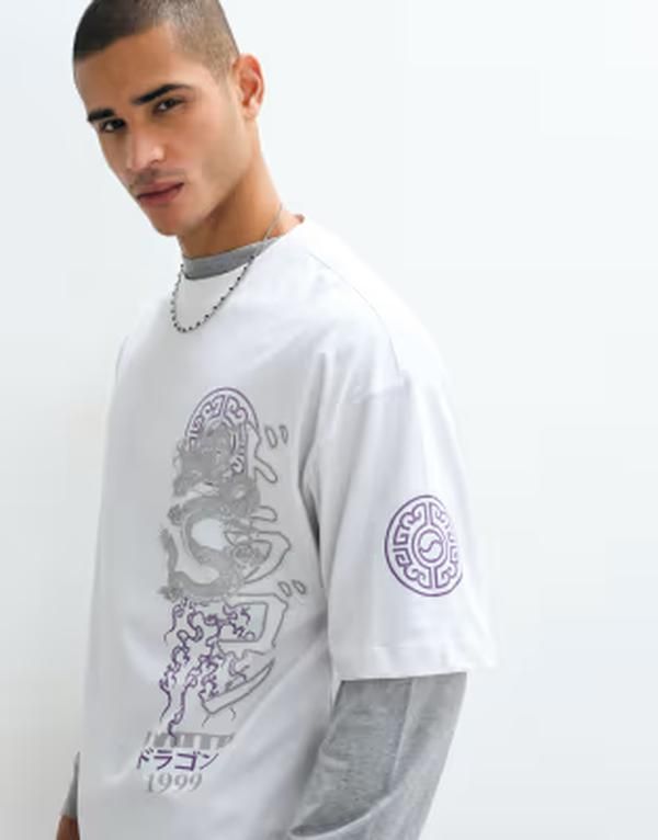 エイソス メンズ トップス Tシャツ グラフィック ASOS DESIGN oversized Tshirt with dragon graphic WHITE ホワイト 8,386円
