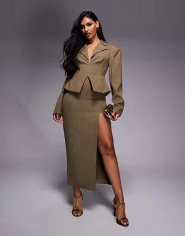 エイソス レディース アウター ジャケット・ブルゾン ミディワンピース ミディ ブレザー ASOS LUXE cinched blazer midi dress pinstripe Khaki カーキ