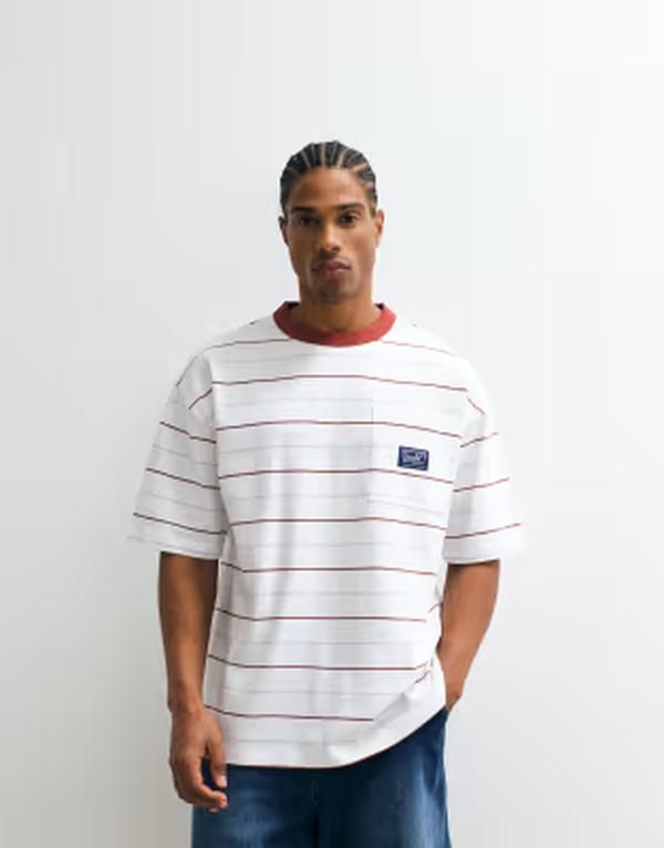 エイソス メンズ トップス Tシャツ プリント ASOS DESIGN heavyweight oversized Tshirt striped print White Stripe ホワイト