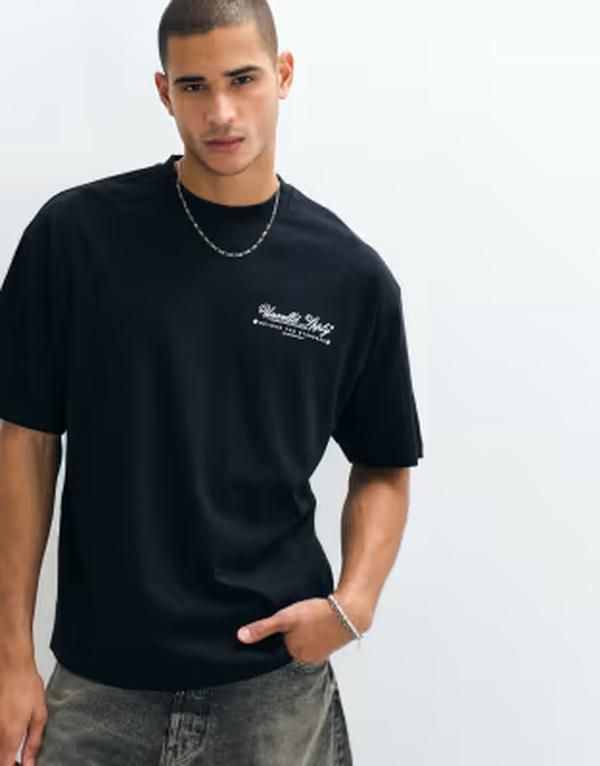 エイソス メンズ トップス Tシャツ グラフィック ASOS DESIGN oversized Tshirt with chest graphic Black ブラック