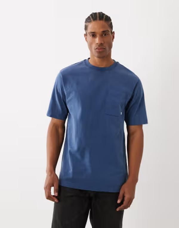ファーラー メンズ トップス Tシャツ ロゴ Farah Stacy garment dye pocket logo Tshirt MID BLUE ブルー