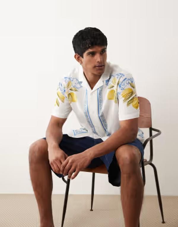 エイソス メンズ トップス シャツ プリント リネン ASOS DESIGN relaxed shirt with linen and border print WHITE ホワイト