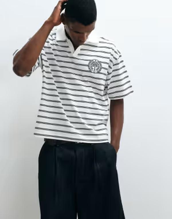エイソス メンズ トップス ポロシャツ ASOS DESIGN oversized striped polo in cream and COCONUT MILK BLACK ブラック