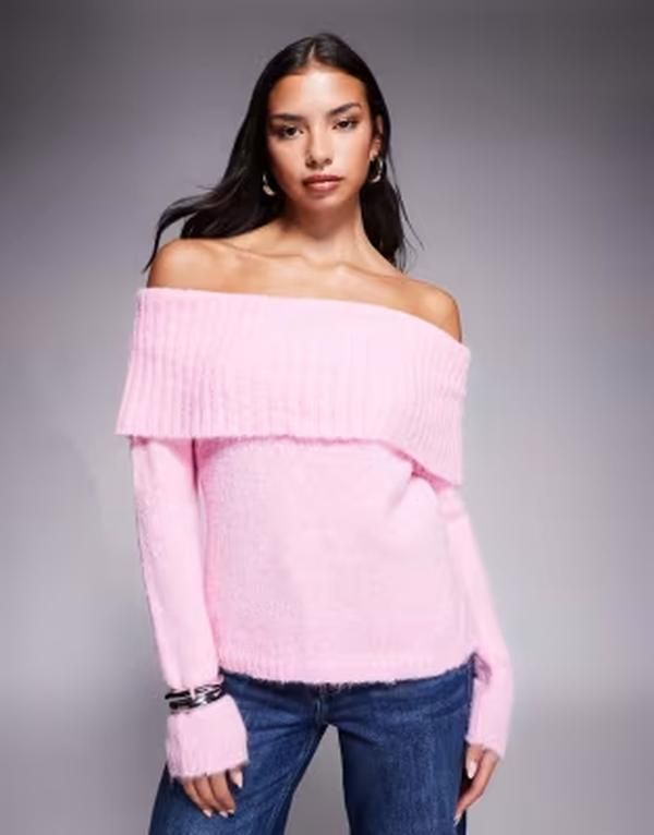 カイア レディース アウター ニット・セーター ウール Kaiia exclusive wool feel textu red knit deep bardot foldover sweater in