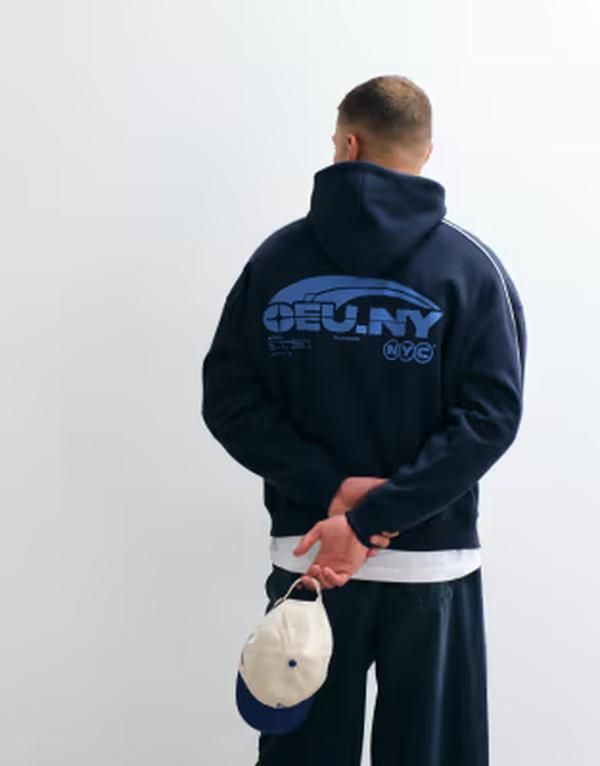 エイソス メンズ アウター パーカー・スウェット プリント ASOS DESIGN extreme oversized boxy hoodie with print and piping NAVY ネ