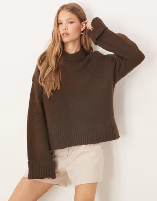 ジーナトリコ レディース アウター ニット・セーター クルーネック Gina Tricot relaxed crew neck folded sleeve knit sweater in dark b