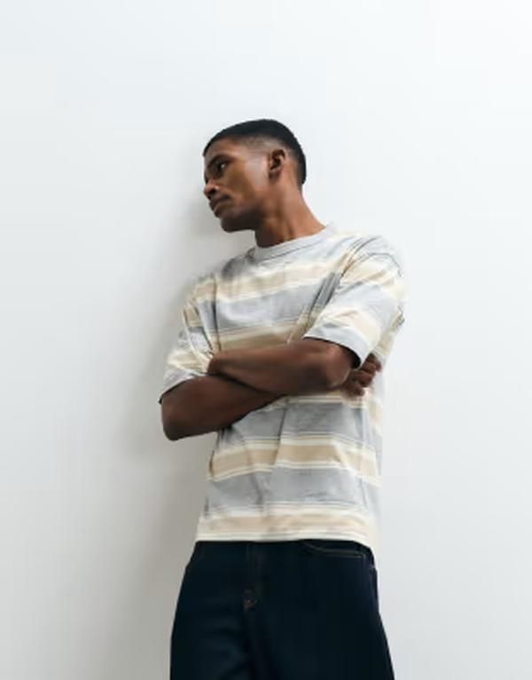 エイソス メンズ トップス Tシャツ プリント ASOS DESIGN oversized Tshirt heather striped print Gray marl stripe グレー