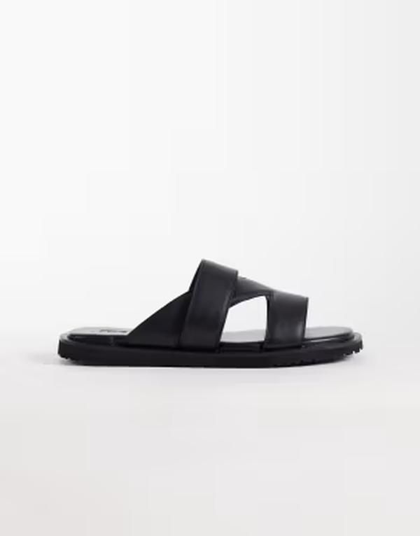 エイソス メンズ シューズ サンダル レザー ASOS DESIGN cross over sandals leather Black ブラック