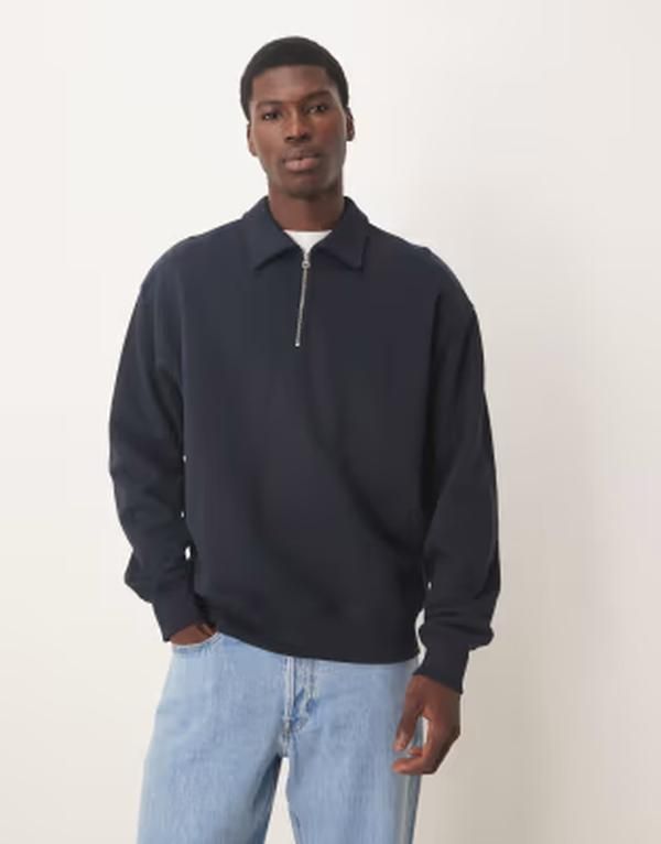 アルケット メンズ アウター パーカー・スウェット ハーフジップ ポロシャツ ARKET half zip lightweight sweatshirt with polo collar Navy B