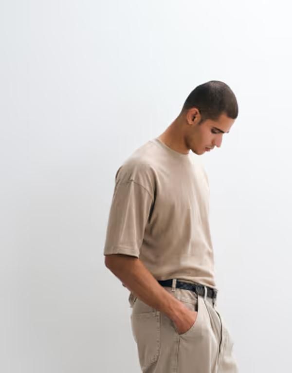 エイソス メンズ トップス Tシャツ リネン ASOS DESIGN boxy oversized Tshirt with linen Mocha meringue モカ