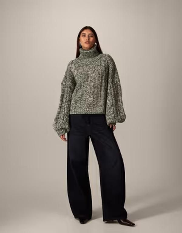 アレンジ レディース アウター ニット・セーター ハイネック ARRANGE high neck twisted yarn cable sweater and cream Green cream クリ