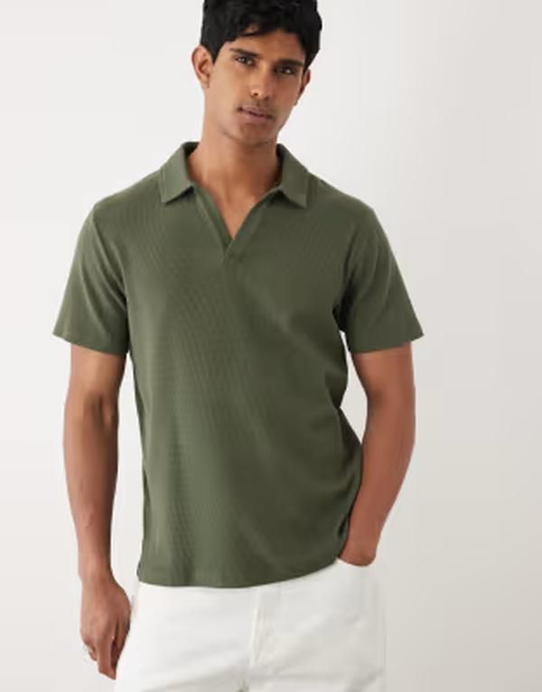 エイソス メンズ トップス ポロシャツ レギュラーフィット ASOS DESIGN regular fit revere polo in dark green waffle Beetle グリーン