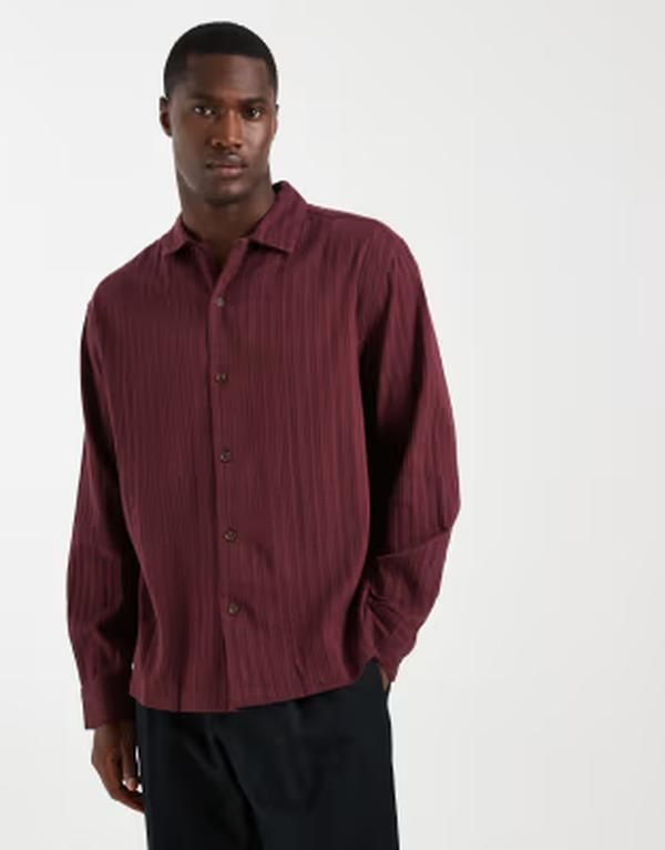 エイソス メンズ トップス シャツ ASOS DESIGN relaxed camp collar textu red shirt Burgundy バーガンディ