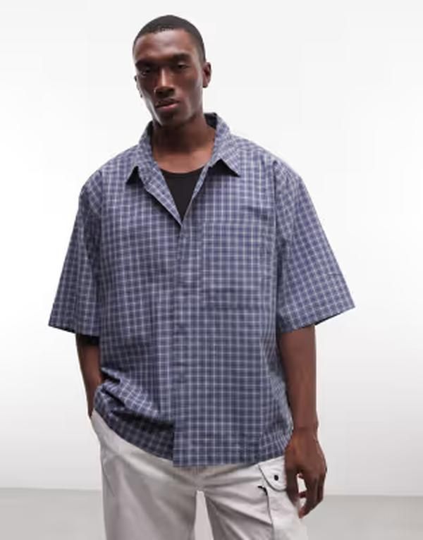コルージョン メンズ トップス シャツ COLLUSION oversized short sleeve shirt paid BLUE ブルー
