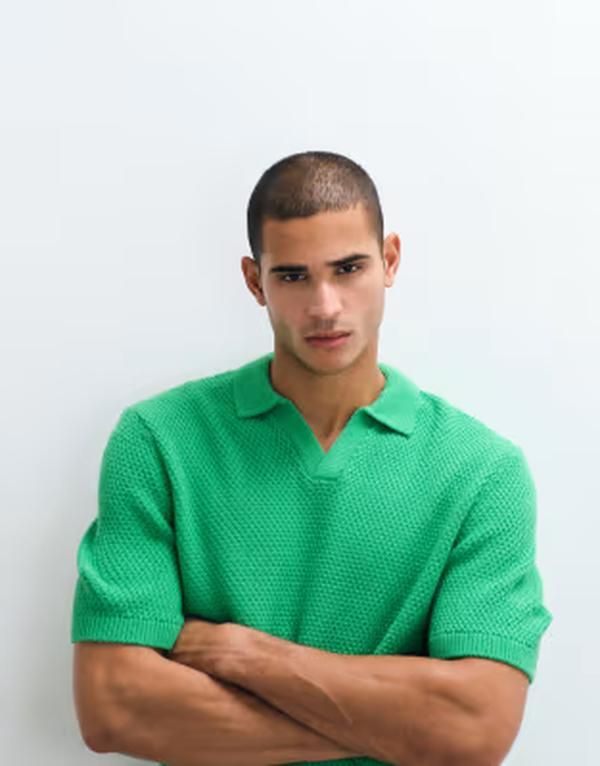エイソス メンズ トップス ポロシャツ ニット ASOS DESIGN relaxed knitextu red notch neck GREEN グリーン