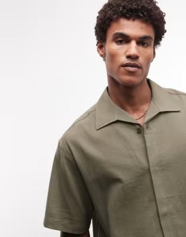 エイソス メンズ トップス シャツ ASOS DESIGN oversized khaki shirt with revere collar and concealed placket Khaki カ