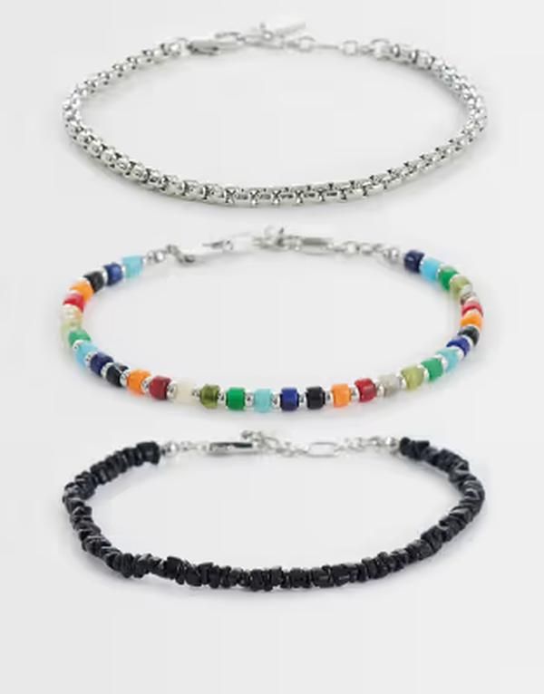 エイソス メンズ アクセサリー ブレスレット・バングル・アンクレット ASOS DESIGN 3 pack chipping beaded and chain bracelet in multi マル
