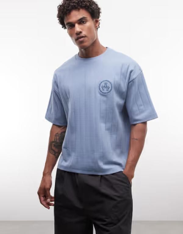 エイソス メンズ トップス Tシャツ ASOS DESIGN heavyweight boxy oversized Tshirt with chest embroidery WINDWARD BLUE