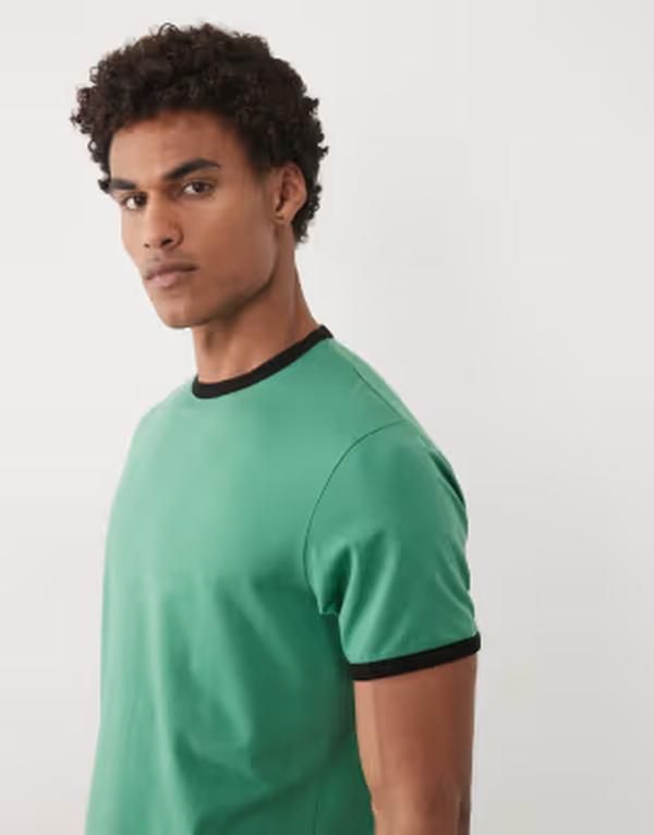 エイソス メンズ トップス Tシャツ レギュラーフィット ASOS DESIGN boxy regular fitshirt with ringer detail PINE GREEN グリーン
