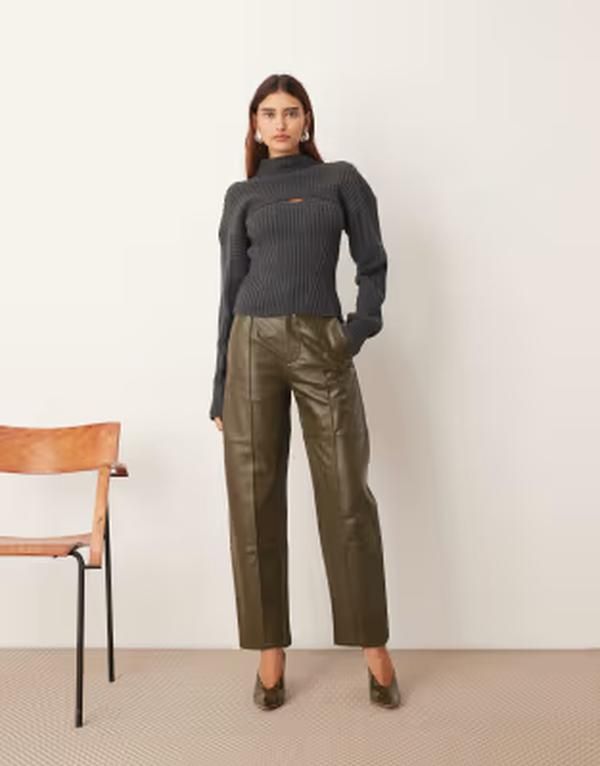 アレンジ レディース ボトムス カジュアルパンツ レザー ARRANGE leather slim pants in olive GREEN グリーン