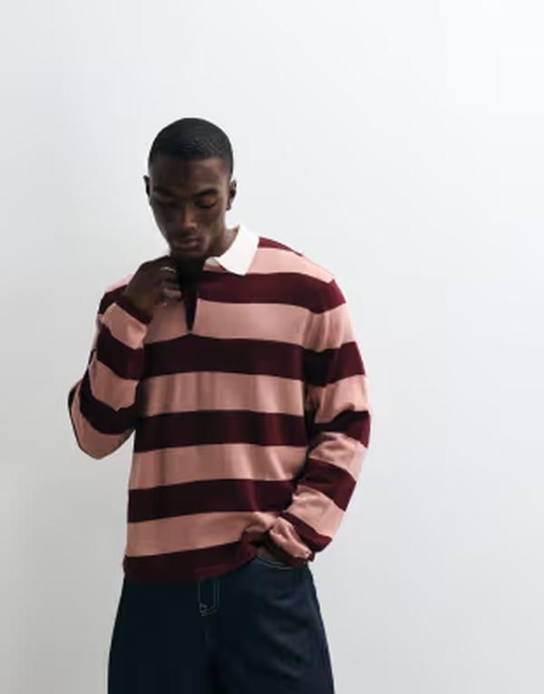 エイソス メンズ トップス ポロシャツ ニット ASOS DESIGN relaxed knit long sleeve striped polo and Multi マルチカラー