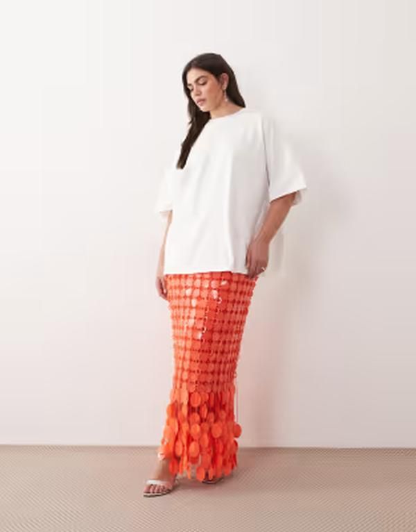 アレンジ レディース ボトムスカート ミディ スパンコール フリンジ ARRANGE Curve futurist sequin fringe hemidi skirt in tomato