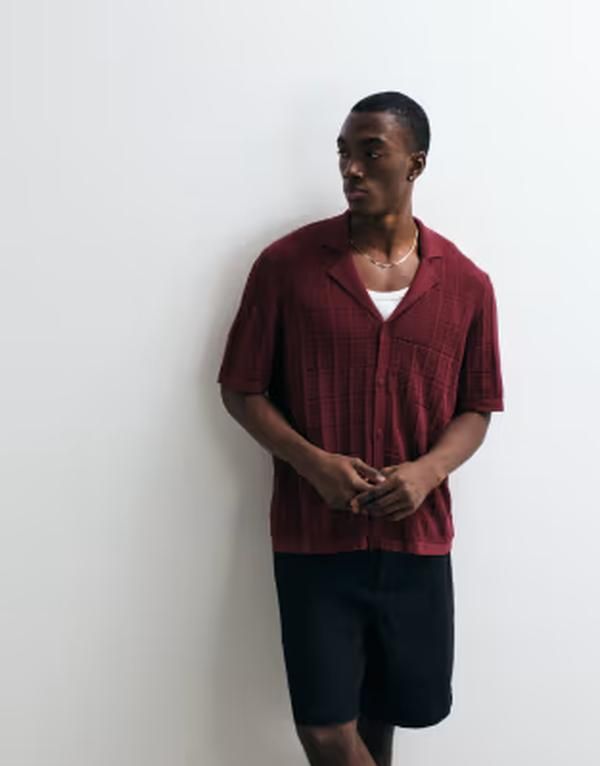 エイソス メンズ トップス ポロシャツ ニット ASOS DESIGN relaxed textu red knit camp collar button upolo shirt BROWN ブラウン