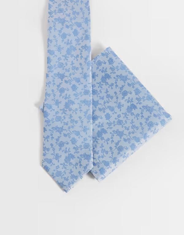 エイソス メンズ アクセサリー ネクタイ フラワー柄 フラワー ASOS DESIGN woven floral tie and pocket square in light BLUE ブルー