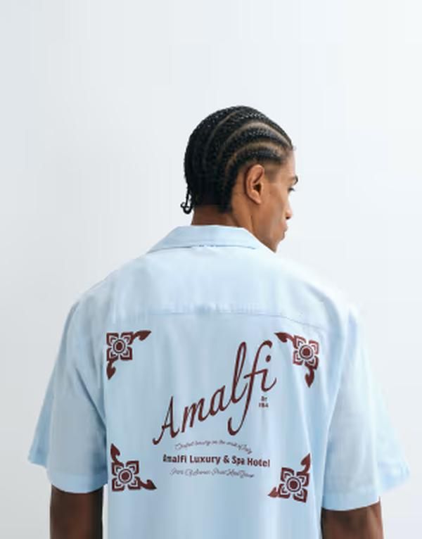 エイソス メンズ トップス シャツ プリント ASOS DESIGN boxy oversized amalfi back print shirt BLUE ブルー