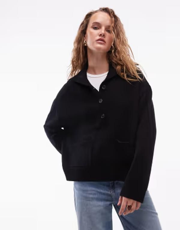 アルケット レディース アウター カーディガン ARKET half button cardigan with wide collar and patch pockets Black ブラック