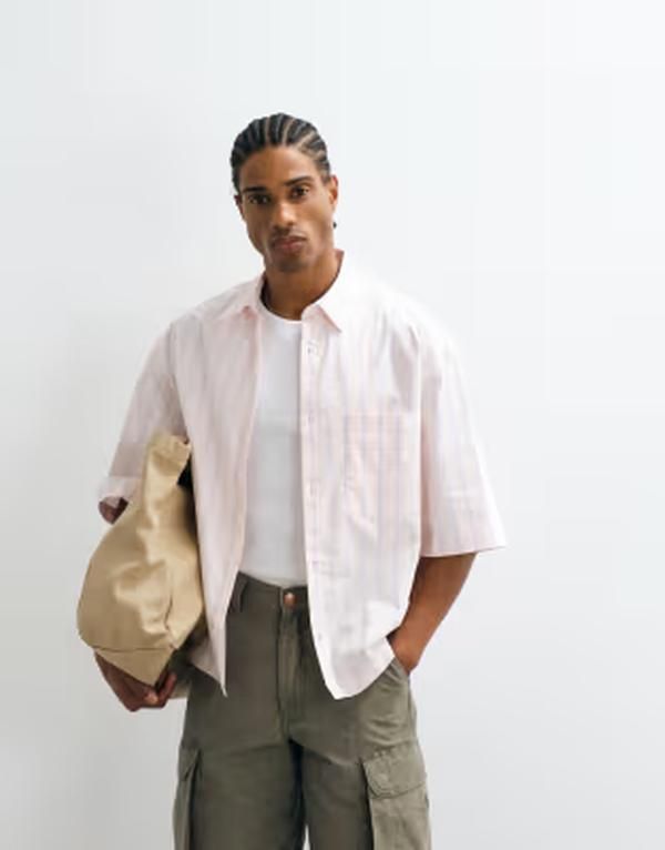 エイソス メンズ トップス シャツ ASOS DESIGN boxy oversized striped shirt LIGHT PINK ピンク
