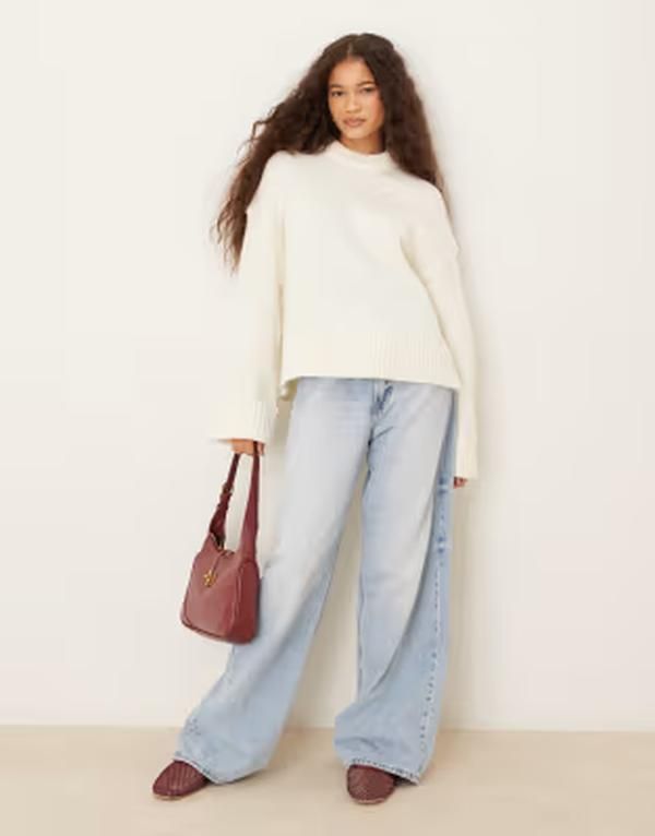 ジーナトリコ レディース アウター ニット・セーター クルーネック Gina Tricot relaxed crew neck folded sleeve knit sweater in cream