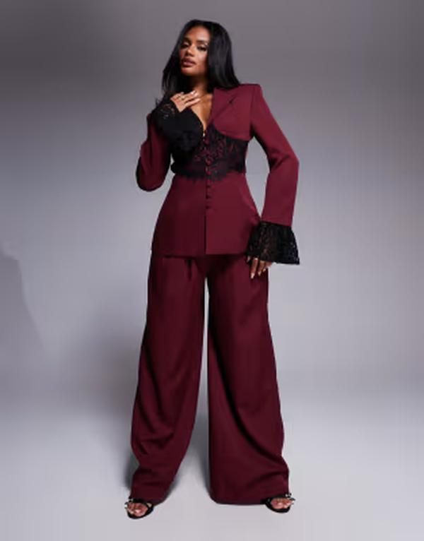 エイソス レディース ボトムス カジュアルパンツ ワイドレッグ ASOS LUXE tailo red wide leg pants part of a set Burgundy バーガンディ